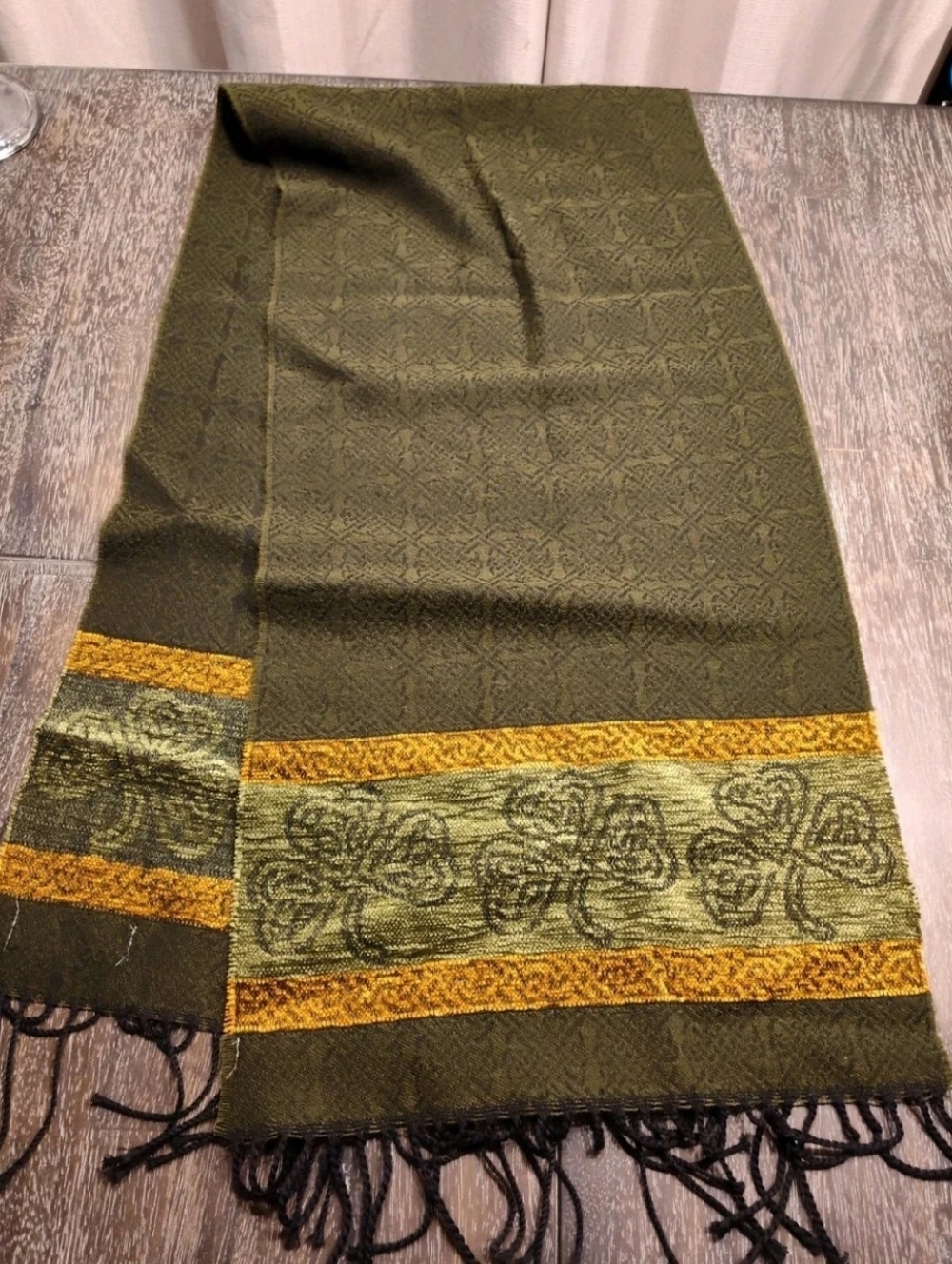 Aran Sweater Market Ireland Celtic Design Shamrock Scarf with Fringe